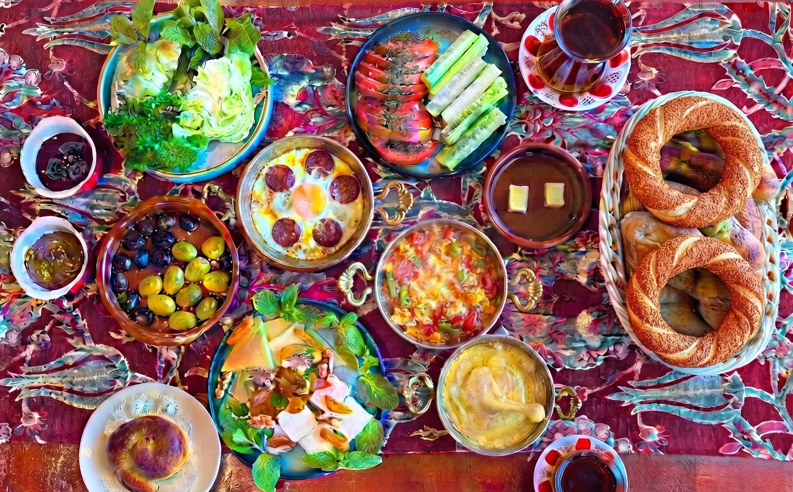 A Turkish breakfast spread with simit, börek, menemen, cheeses, olives and tea