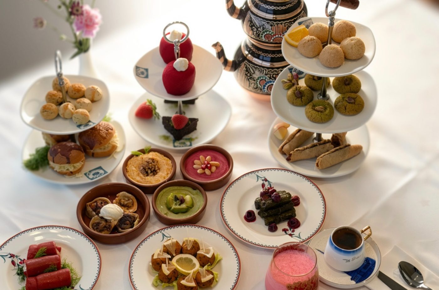 Tea time table with a Turkish teapot, tiered stands of pastries and Turkish coffee